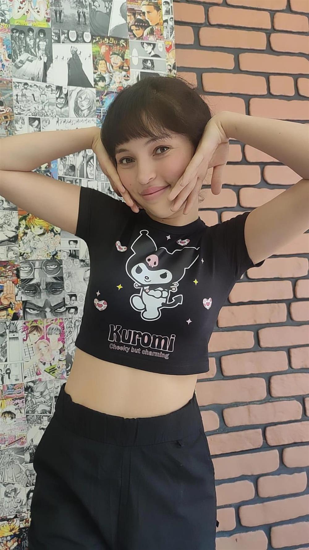 Kuromi Crop Kuromi Cheeky Baskılı Siyah Crop Dar Kalıp Crop Tişört