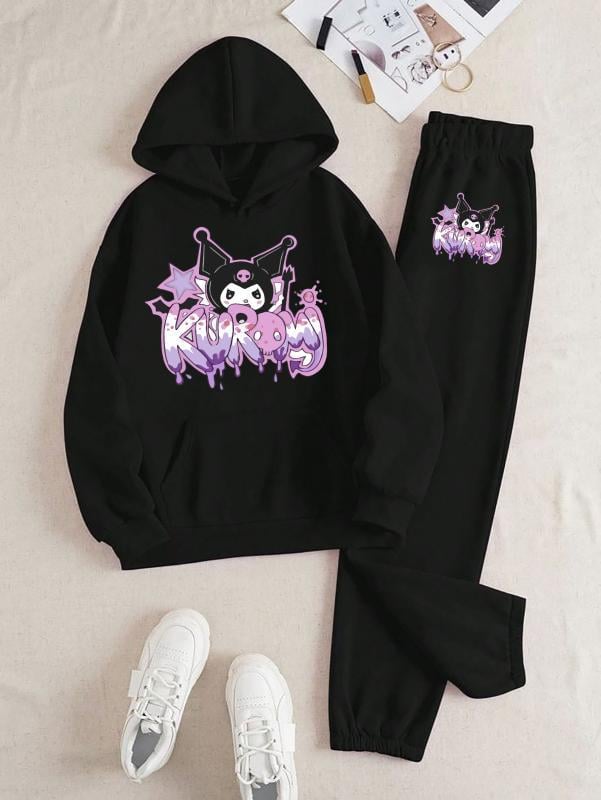 Kuromi Grafiti Baskılı Kapüşonlu Üst Eşofman Takım 