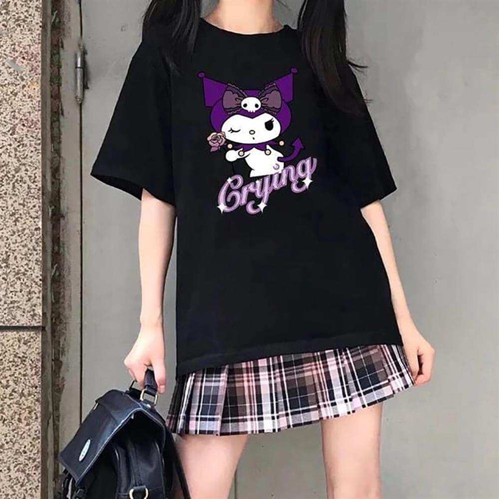 Kuromi Grying  Baskılı Siyah Kişiye Özel İsim Yazılabilir T-shirt Tişört
