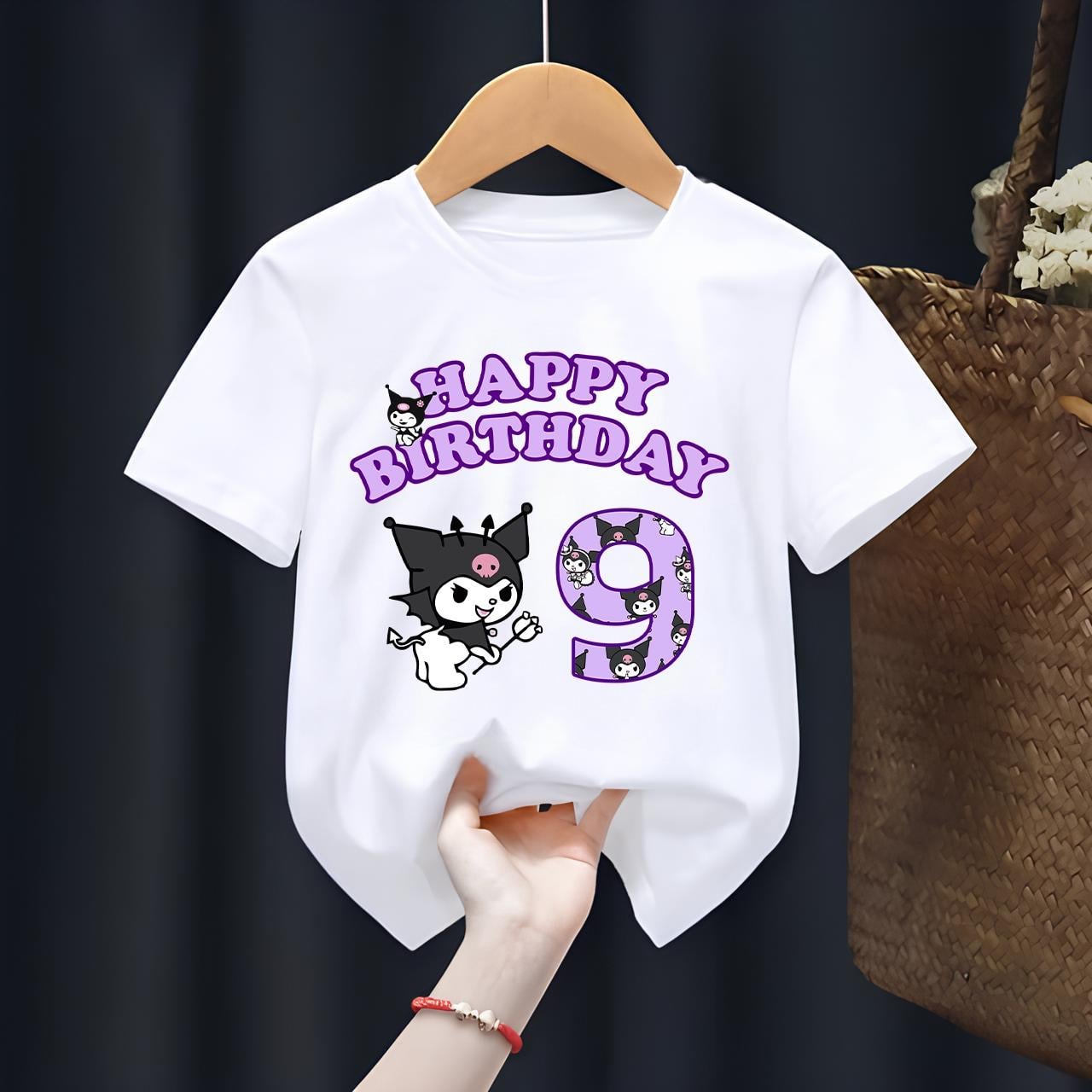 Kuromi Happy Birtday Baskılı Beyaz Özel İsim Yazılabilir Tshirt 