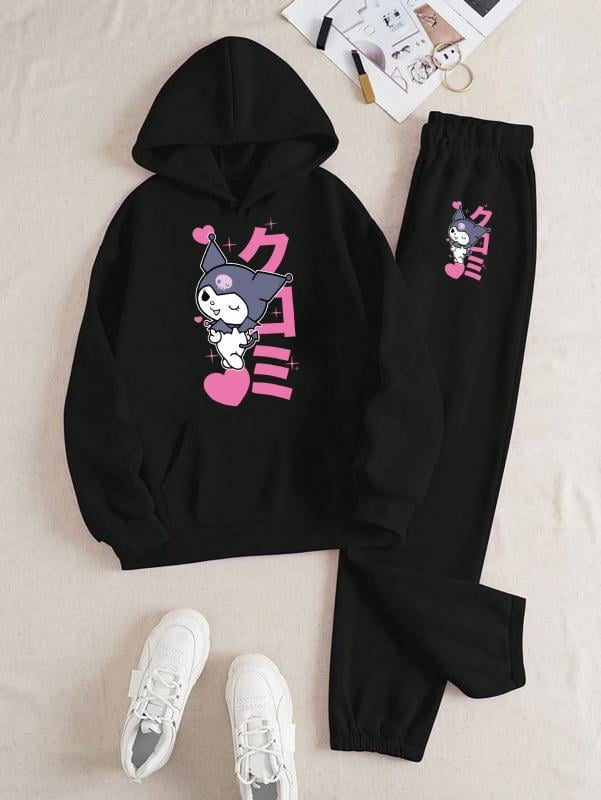 Kuromi Japon Yazı Baskılı Kapüşonlu Üst Eşofman Takım 