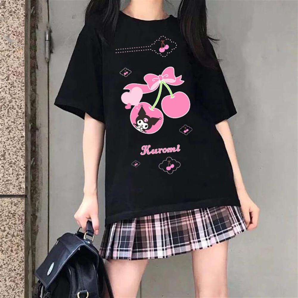 Kuromi Kiraz Baskılı Siyah Kişiye Özel İsim Yazılabilir T-shirt Tişört