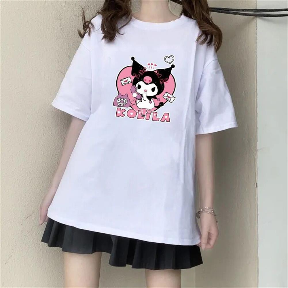 Kuromi Kolila Baskılı Beyaz Oversize Tshirt Tişört