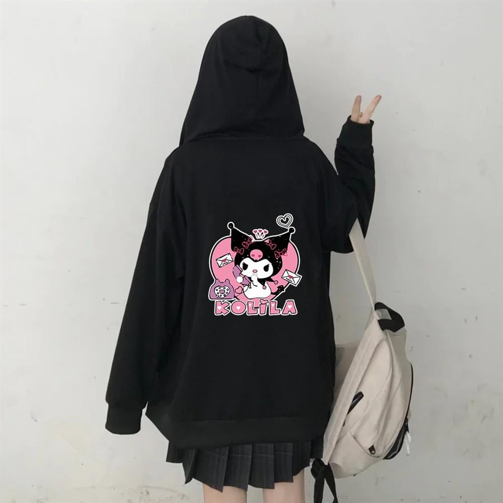 Kuromi Kolila Baskılı Siyah Kapüşonlu Fermuarlı Hırka Sweatshirt Hoodie
