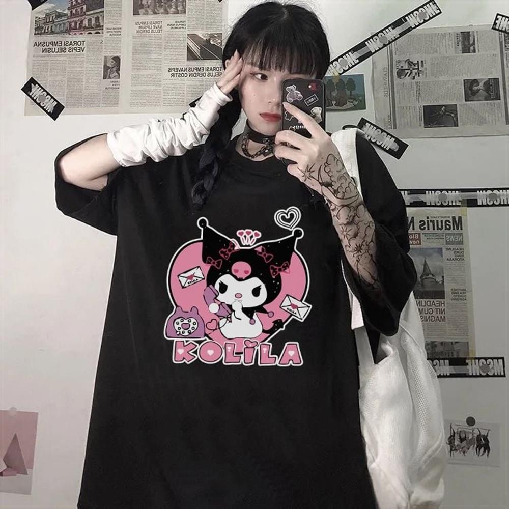 Kuromi Kolila Baskılı Siyah Oversize Tshirt Tişört