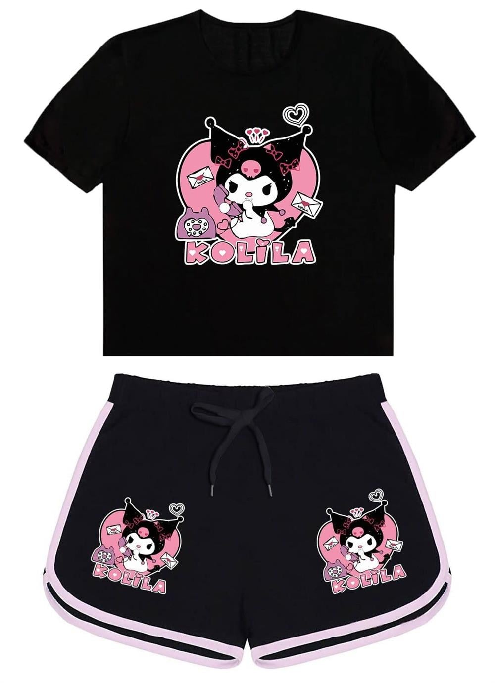 Kuromi Kolila  Baskılı Siyah Tshirt Ve Kuromi Kolila  Siyah Şort Kombin