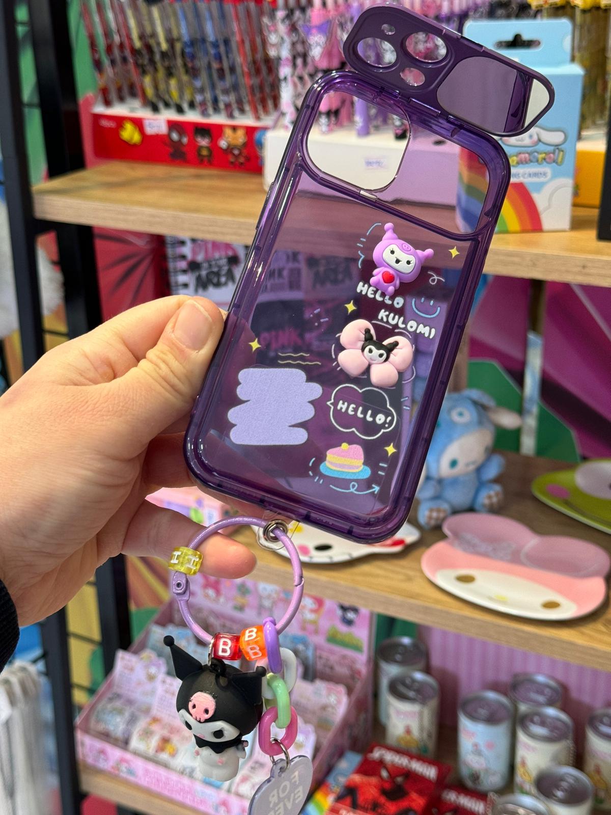 Kuromi Ön Aynalı Aksesuarlı Cep Telefonu Kılıfı 