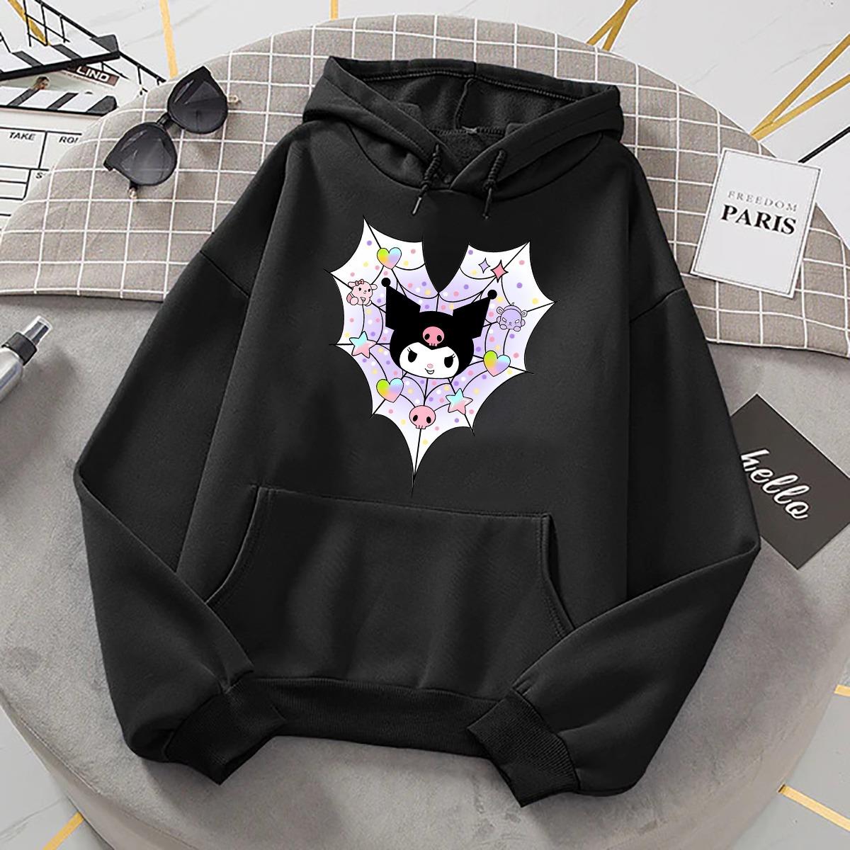 Kuromi Örümcekağlı Siyah Oversize Sweatshirt Kapüşonlu Hoodie