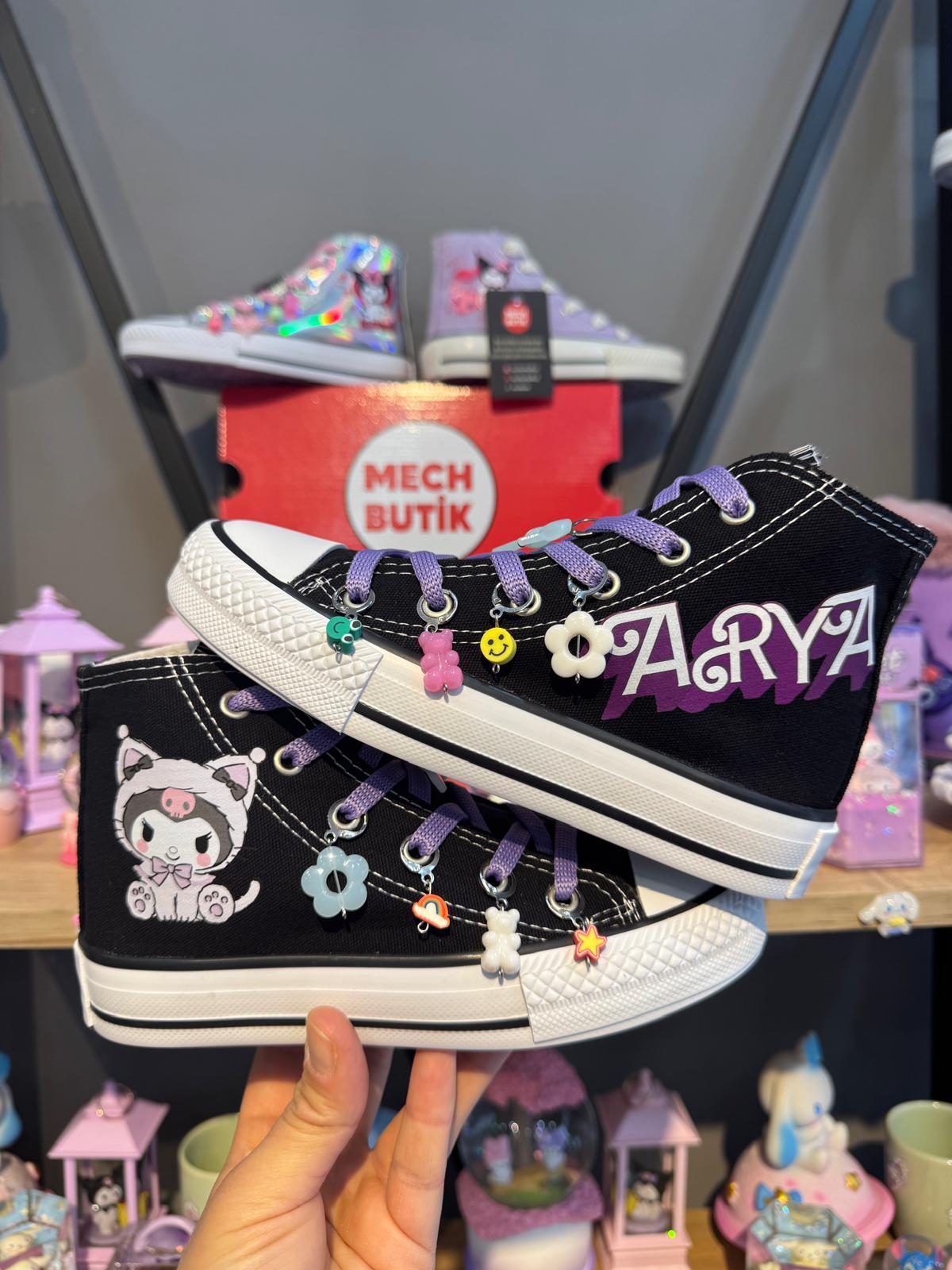 Kuromi Patili Ve Lila İsim Baskılı Siyah Bilekli Boncuk Süslemeli Spor Ayakkabı Sneaker 