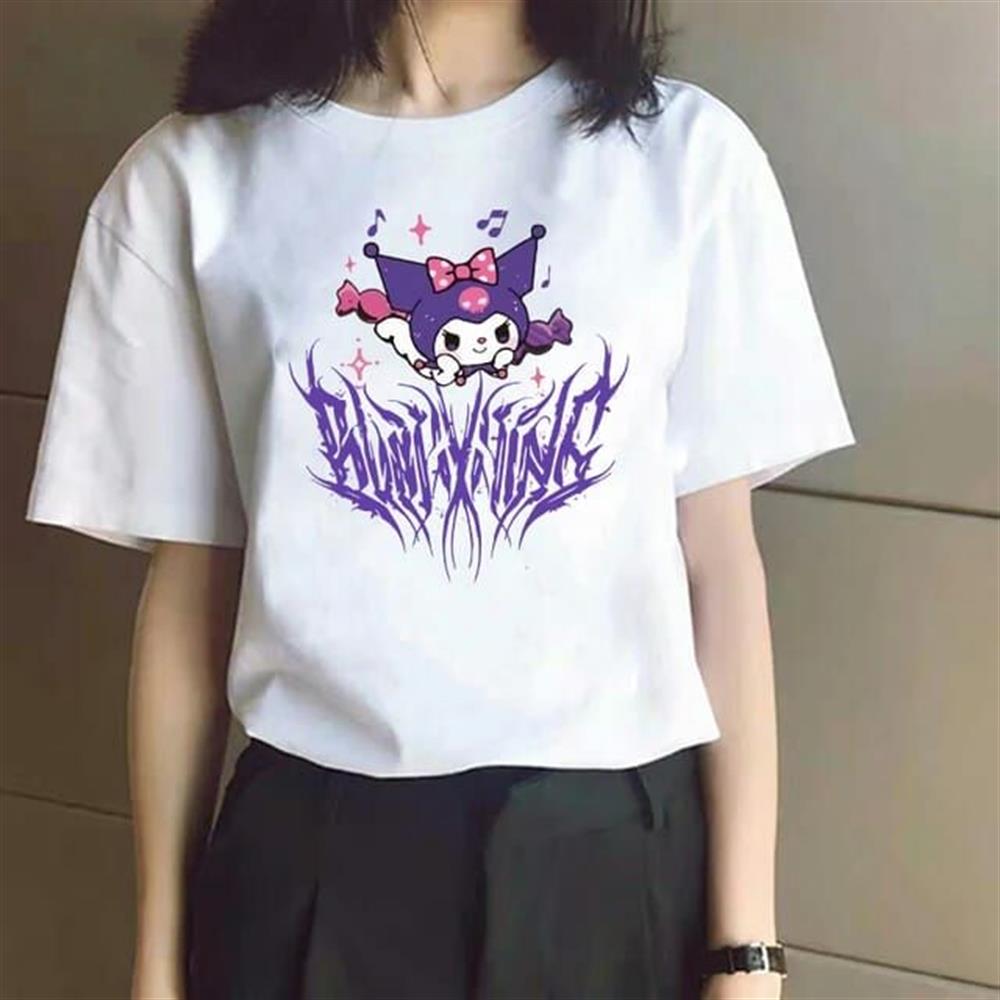 Kuromi Saçaklı Baskılı Beyaz Oversize Tshirt Tişört
