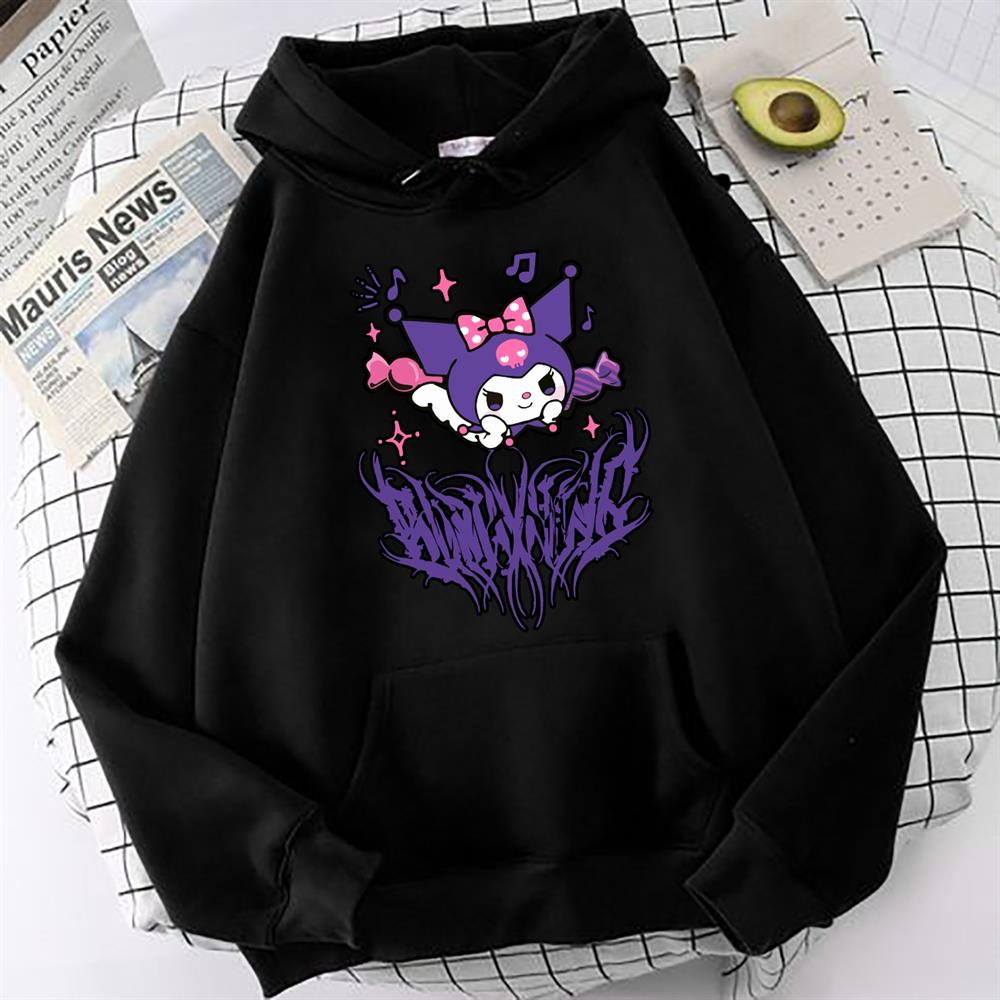 Kuromi Saçaklı Baskılı Siyah Oversize Sweatshirt Kapüşonlu Hoodie