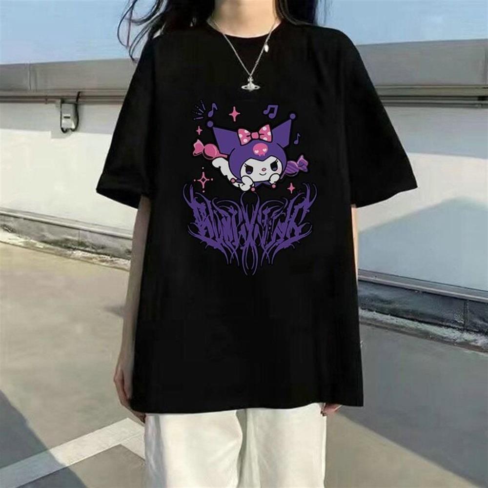 Kuromi Saçaklı Baskılı Siyah Oversize Tshirt Tişört