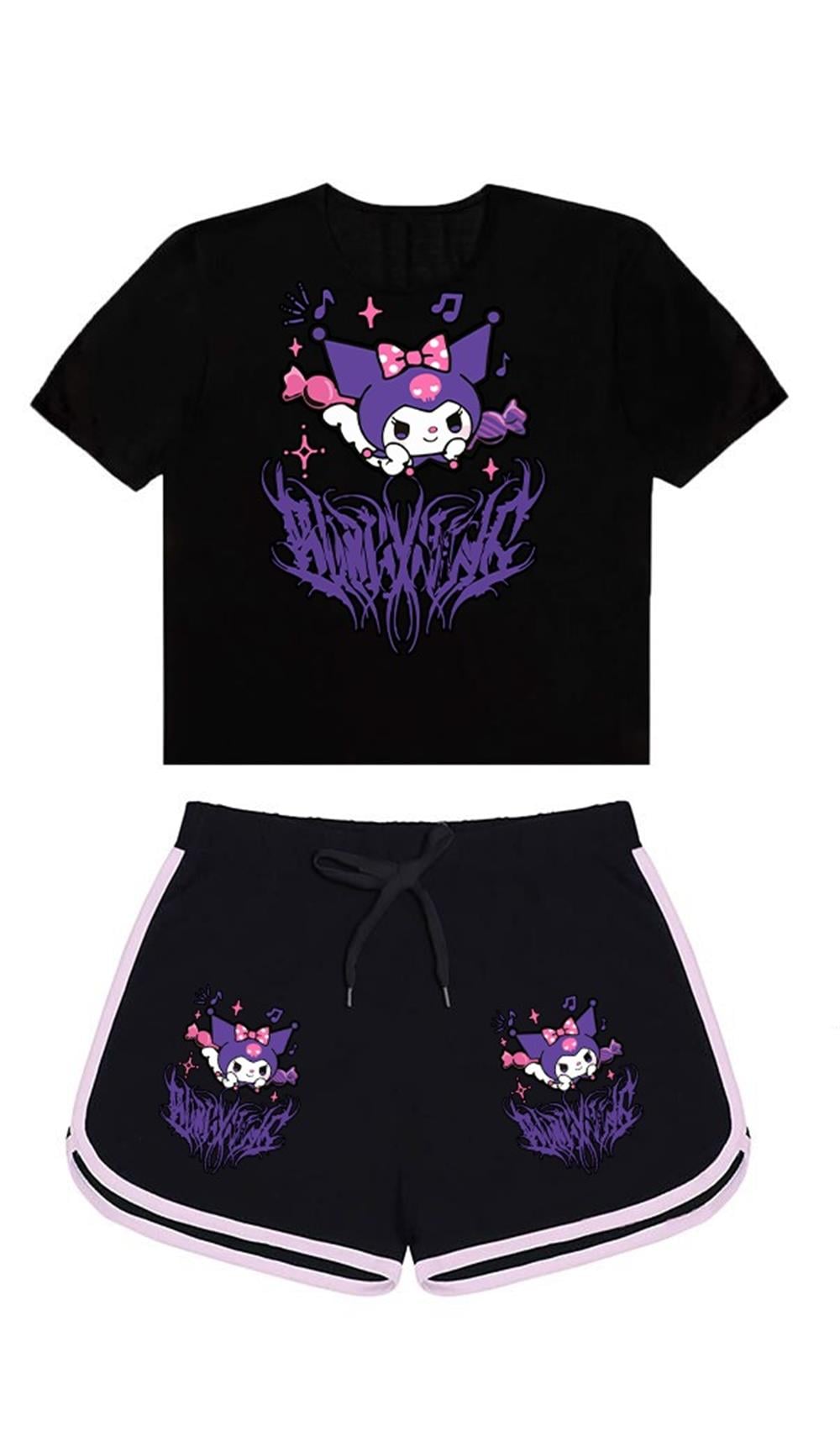 Kuromi Saçaklı Baskılı Siyah Şort Ve Tshirt Takım 