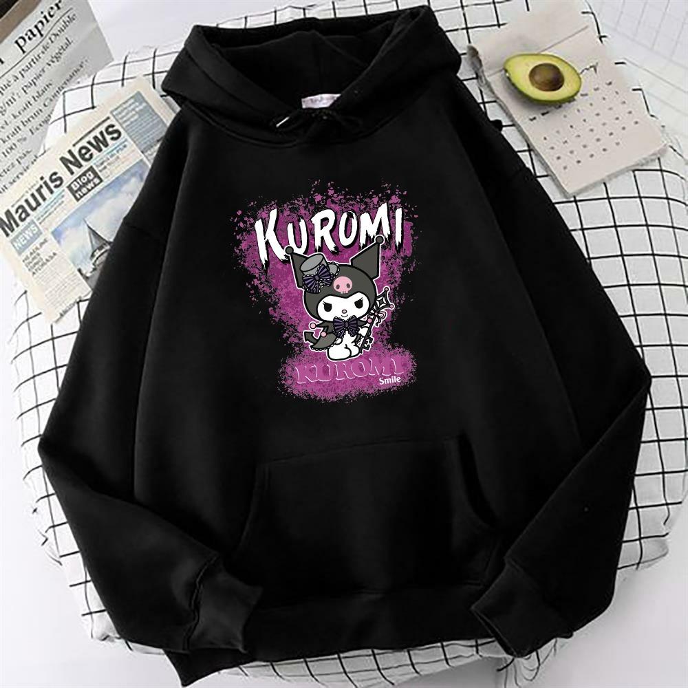 Kuromi Siyah Oversize Sweatshirt Kapüşonlu Hoodie Kuromi Smile Baskı