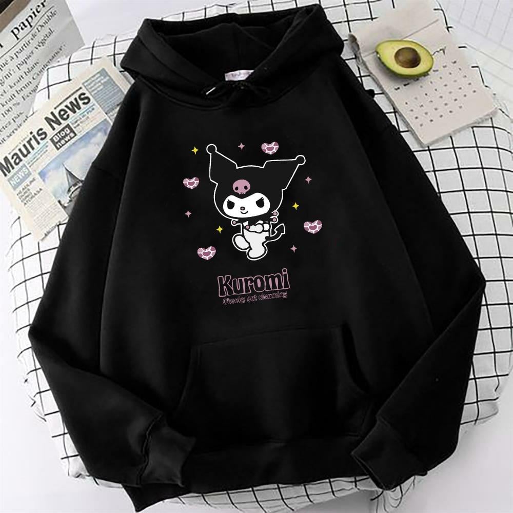 Kuromi Siyah Oversize Sweatshirt Kapüşonlu Hoodie Kuromi CheekyBaskı