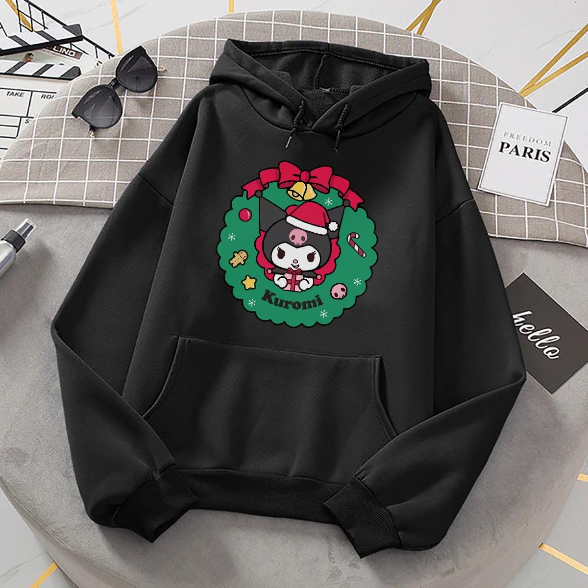 Kuromi Siyah Oversize Sweatshirt Kapüşonlu Hoodie Kuromi Yılbaşı Temalı Baskı