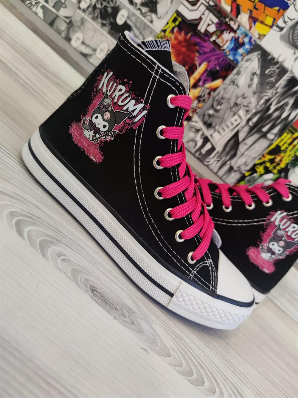 Kuromi Smile Baskılı Siyah Bilekli Spor Ayakkabı Sneaker
