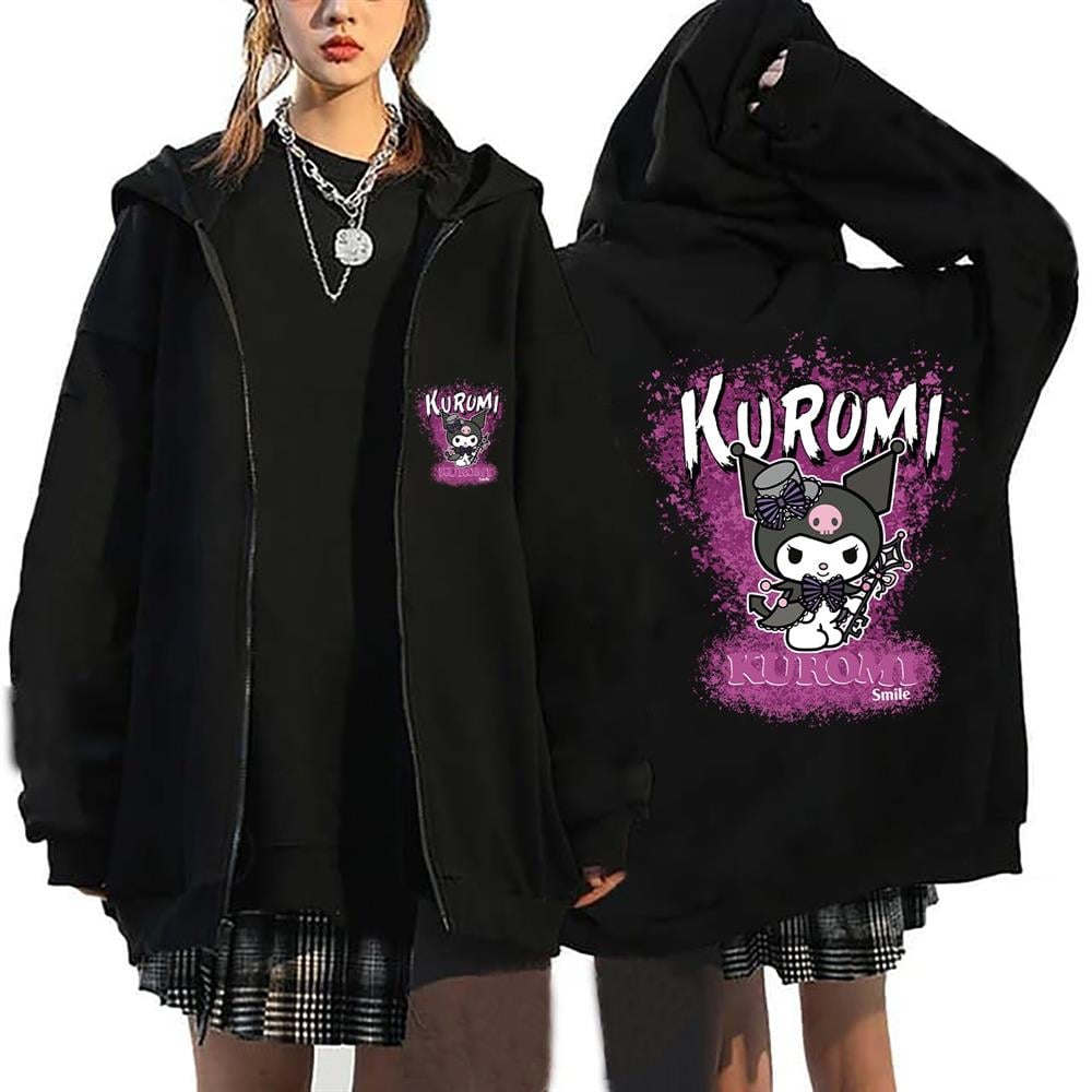 Kuromi Smile Baskılı Siyah Fermuarlı Hırka Sweatshirt
