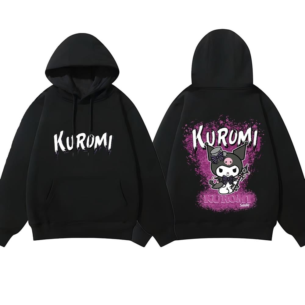 Kuromi Smile Baskılı Siyah Oversize Sweatshirt Kapüşonlu Hoodie