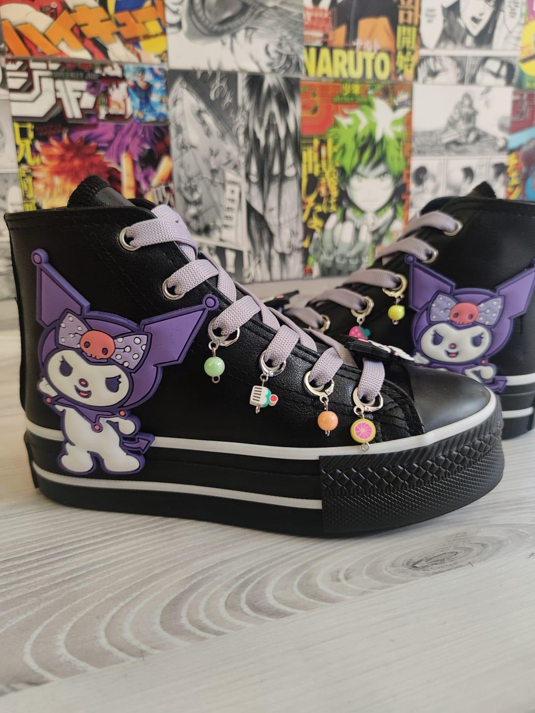 Kuromi Süslemeli Deri Suya Dayanıklı Boncuklu Siyah Bilekli Kaydırmaz Taban Ayakkabı Sneaker