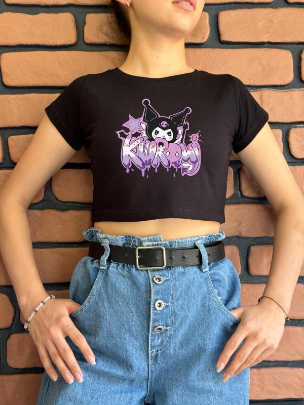 Kuromi Yeni Sezon  Baskılı Beyaz  Crop (Dar Klıptır)