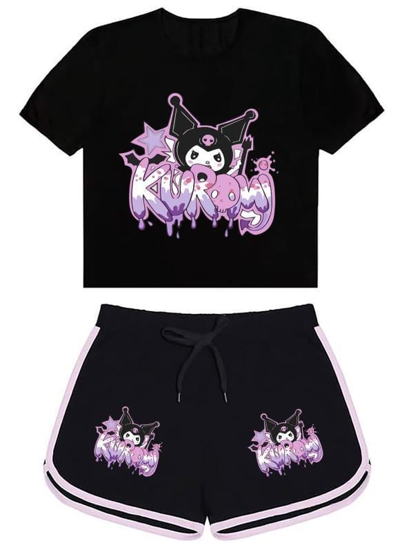 Kuromi Yeni Sezon Baskılı Siyah Şort/Tişört Takım