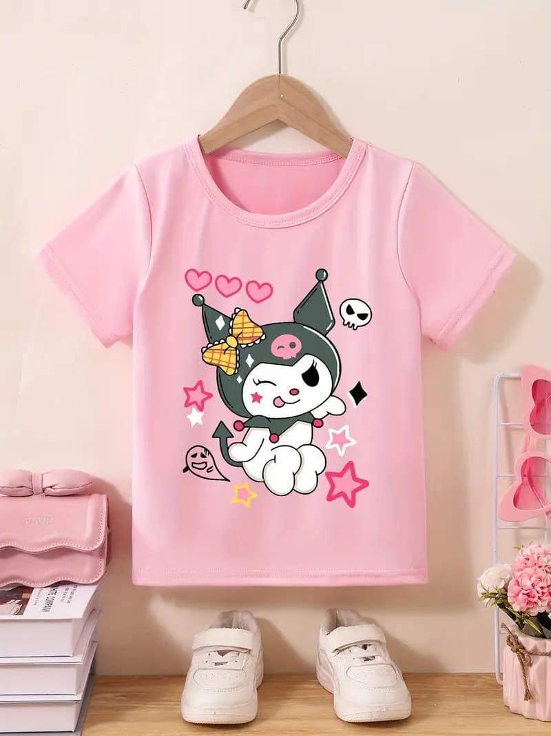 Kuromi Yeni Sezon Kalp/Yıldız Baskılı Pembe Tişört T-shirt