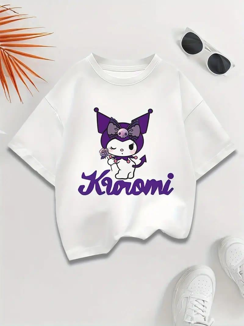 Kuromi Yeni Sezon Mor Çiçek Baskılı Beyaz Tişört T-shirt