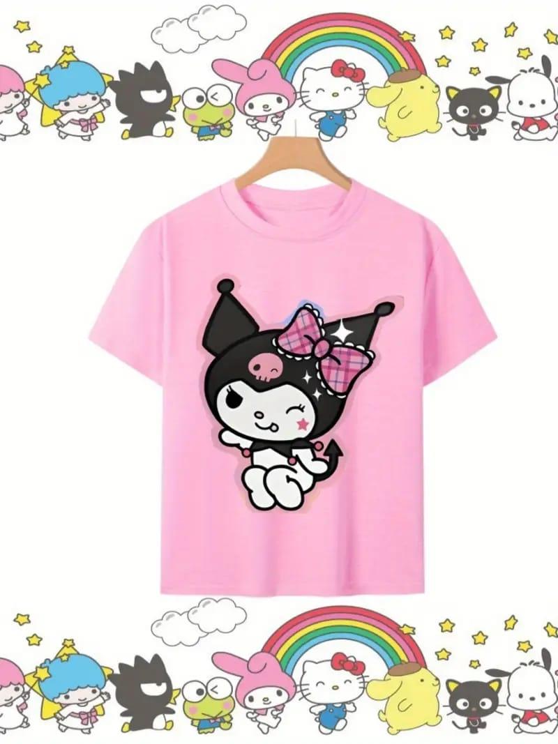 Kuromi Yeni Sezon Saç Toka Baskılı Pembe Tişört T-shirt