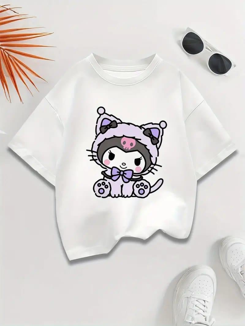 Kuromi Yeni Sezon Utangaç Baskılı Beyaz Tişört T-shirt