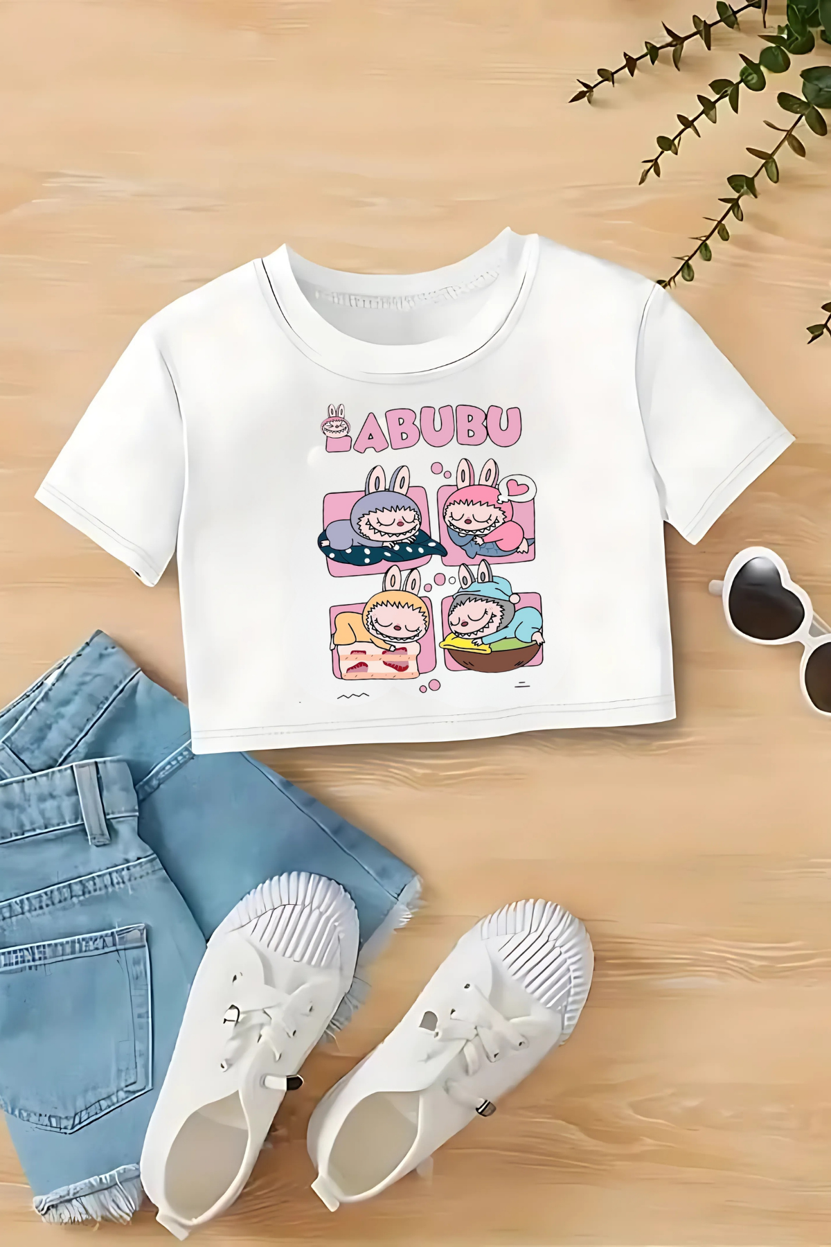 Labubu 4 Lü Baskılı Beyaz Crop Dar Kalıp Crop Top