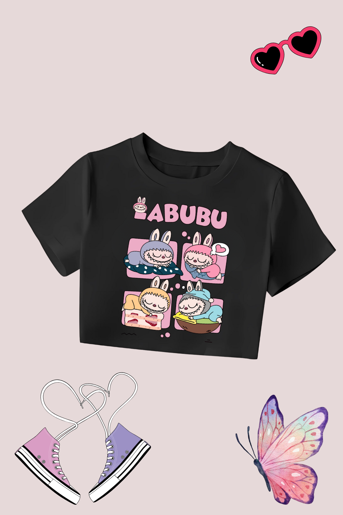 Labubu 4 Lü Baskılı Siyah Crop Dar Kalıp Crop Top