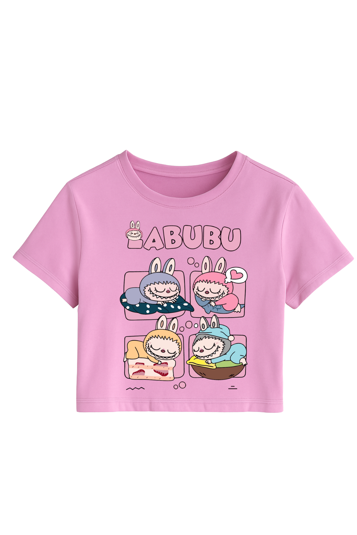Labubu 4lü Baskılı Pembe Crop Dar Kalıp Crop Top