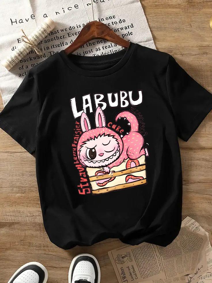 Labubu Cake Baskılı Siyah Tişört T-shirt