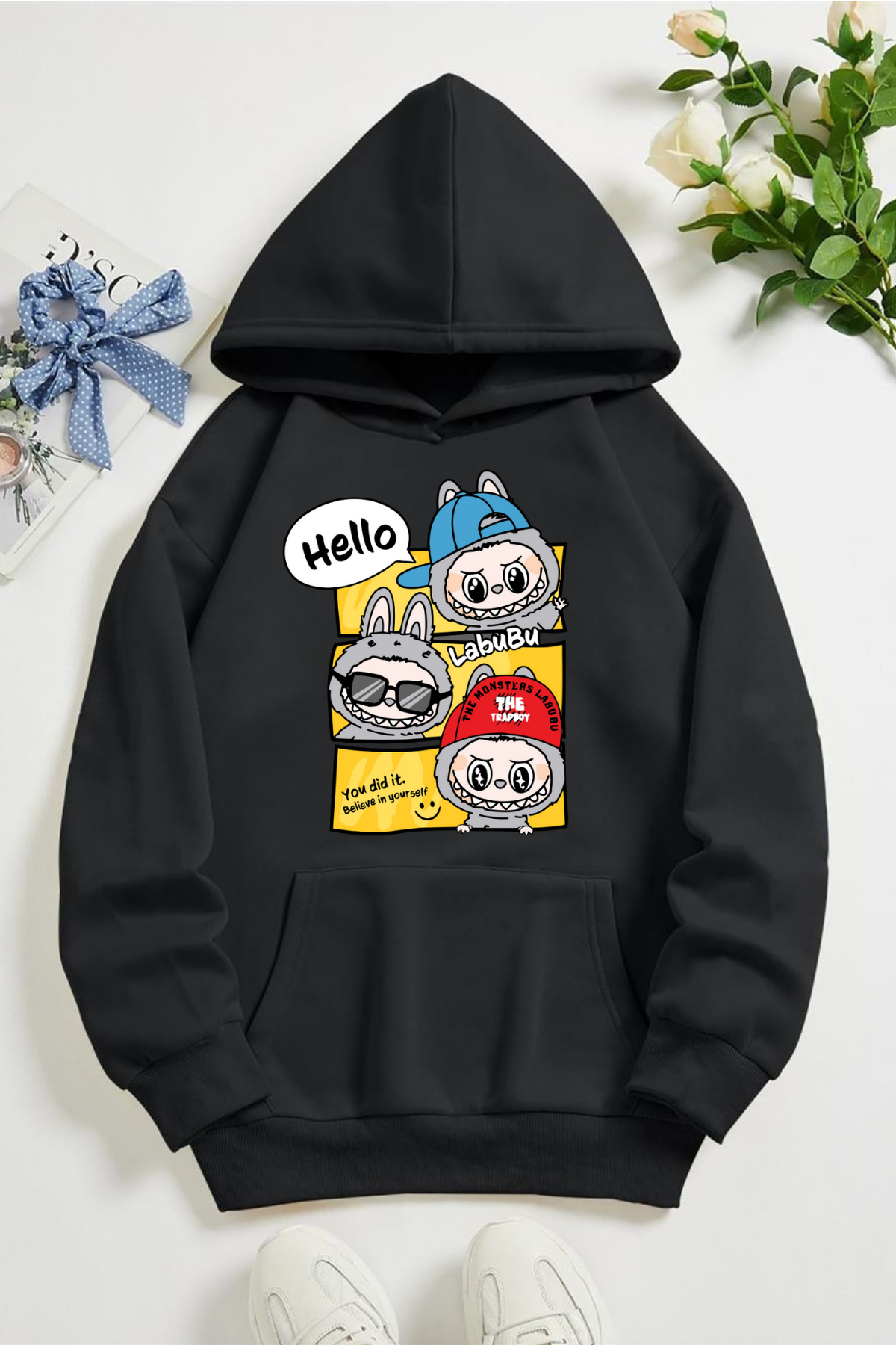 Labubu Hello Baskılı Kapüşonlu Sweatshirt Hoodie