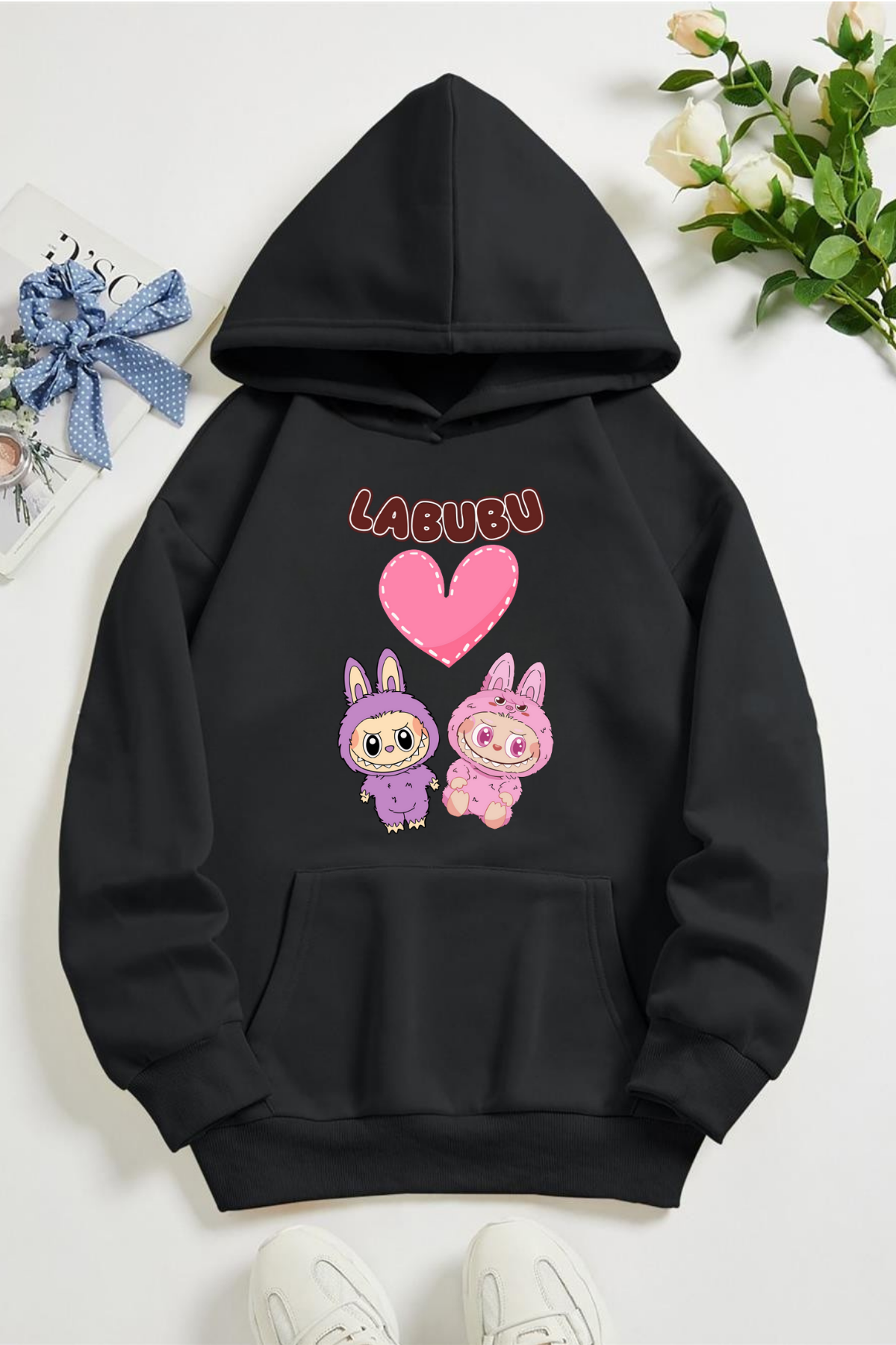 Labubu Kalp Baskılı Kapüşonlu Sweatshirt Hoodie