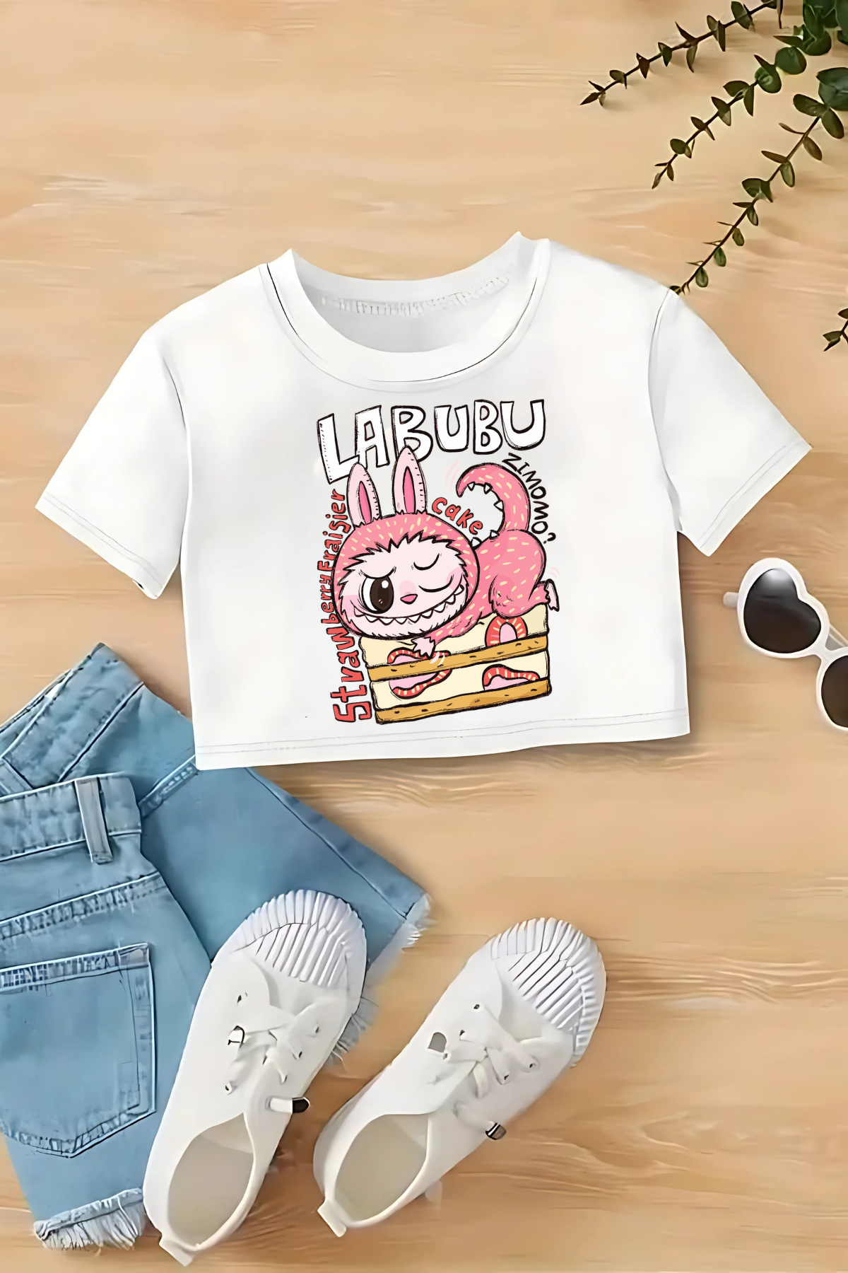 Labubu Zimomo Baskılı Beyaz Crop Dar Kalıp Crop Top