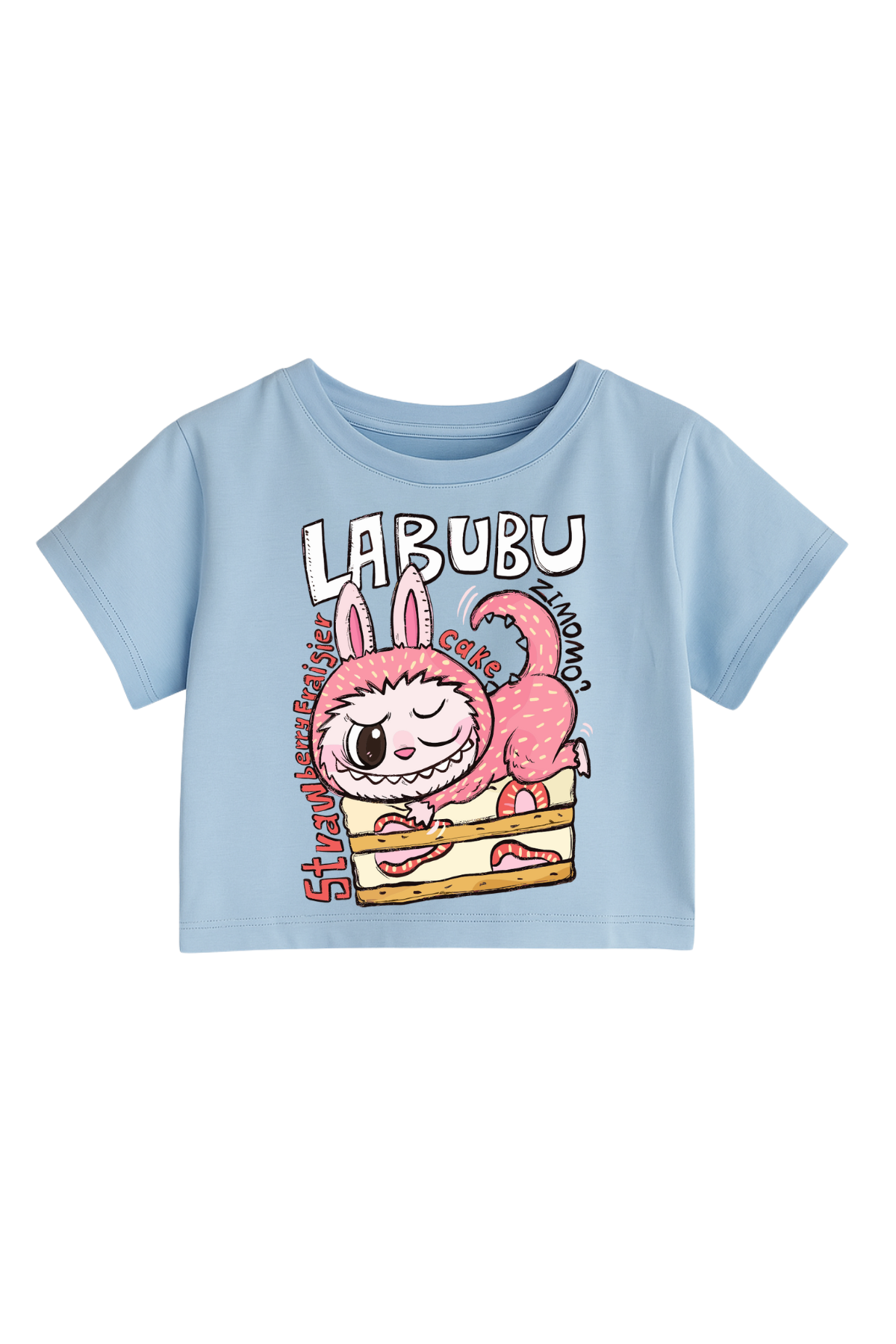 Labubu Zimomo Baskılı Mavi Crop Dar Kalıp Crop Top