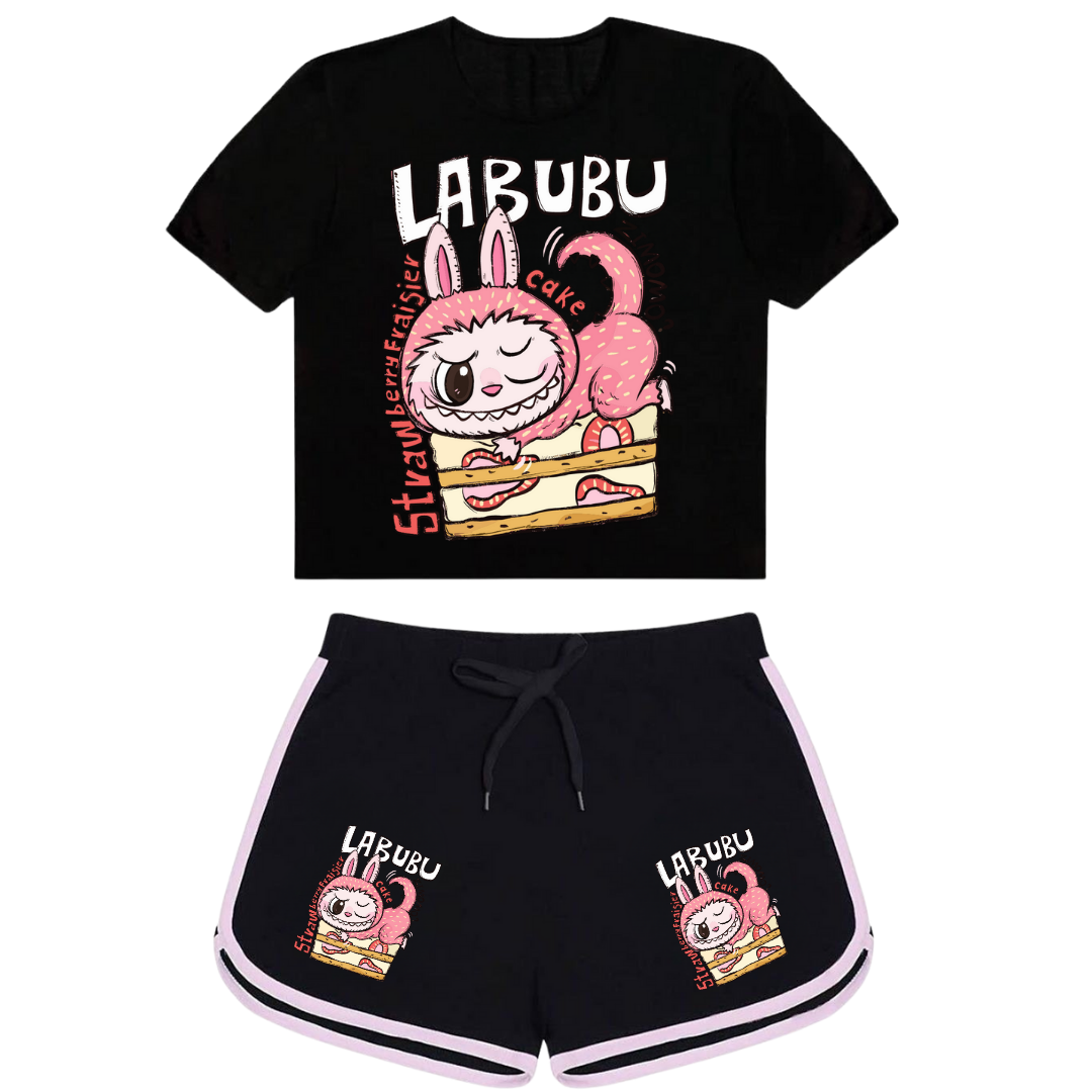 Labubu Zimomo Baskılı Siyah Şort/Tişört Takım 