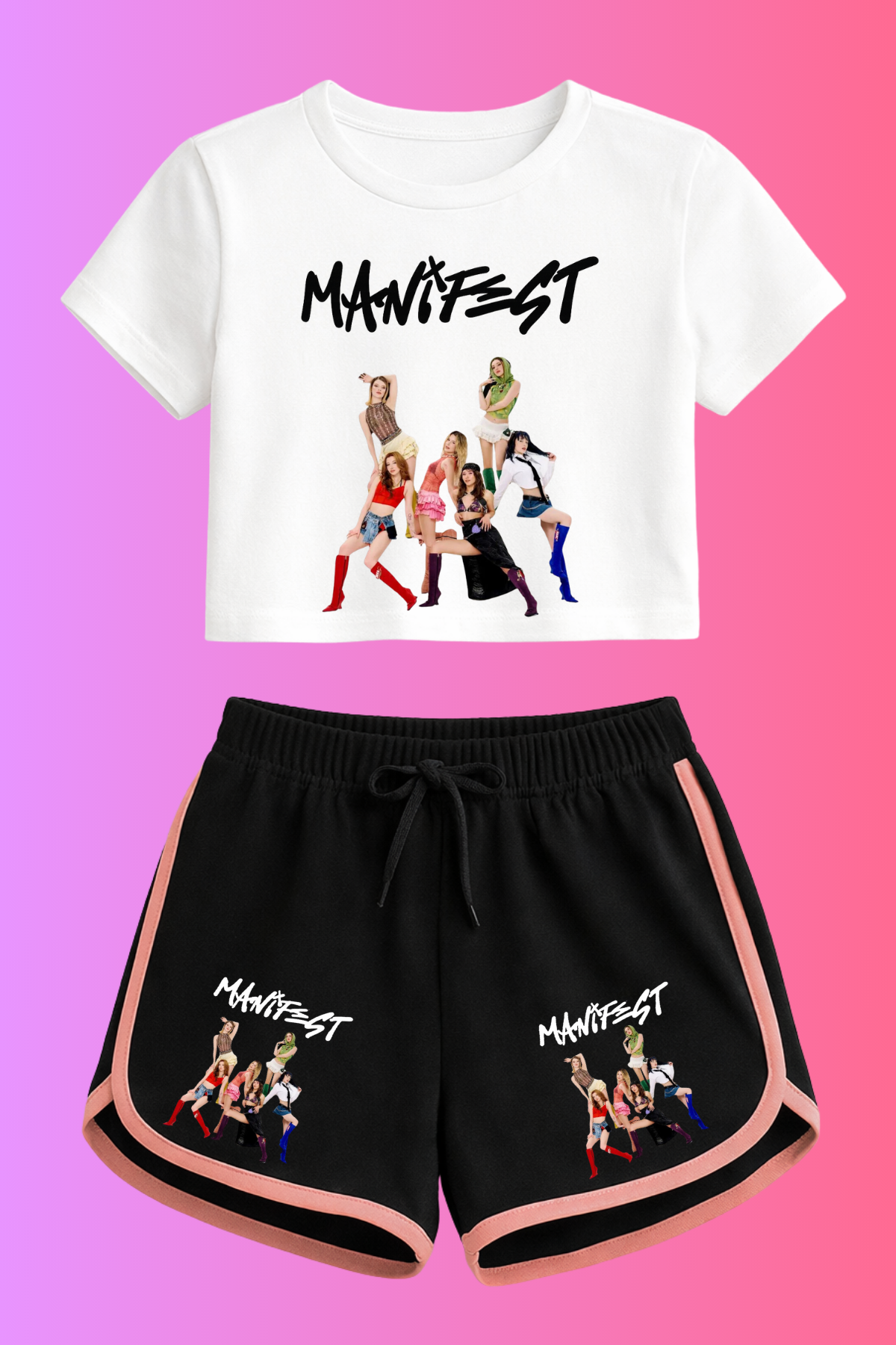 Manifest 1 Baskılı Beyaz Crop Siyah Şort Takım