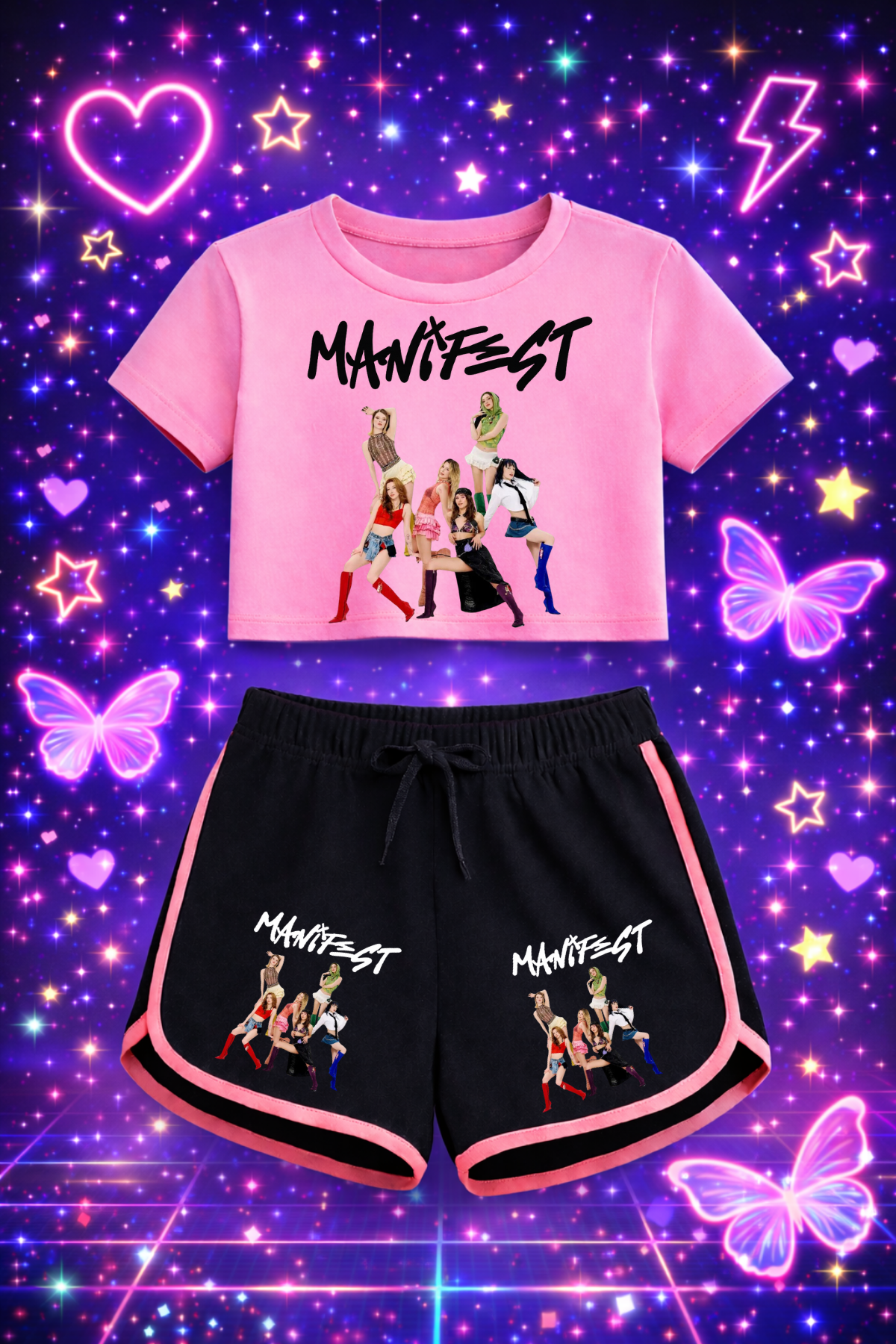 Manifest 1 Baskılı Pembe Crop Siyah Şort Takım