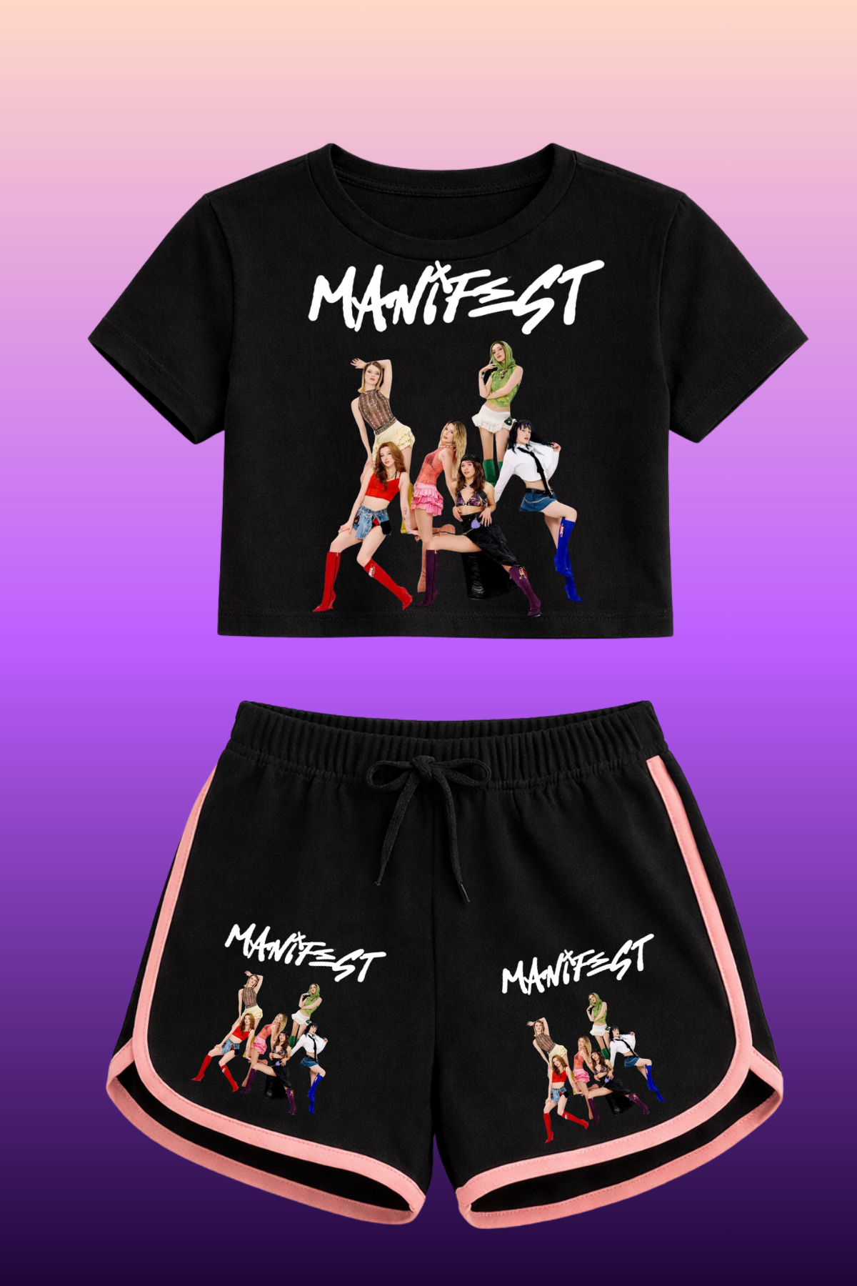 Manifest 1 Baskılı Siyah Crop Siyah Şort Takım