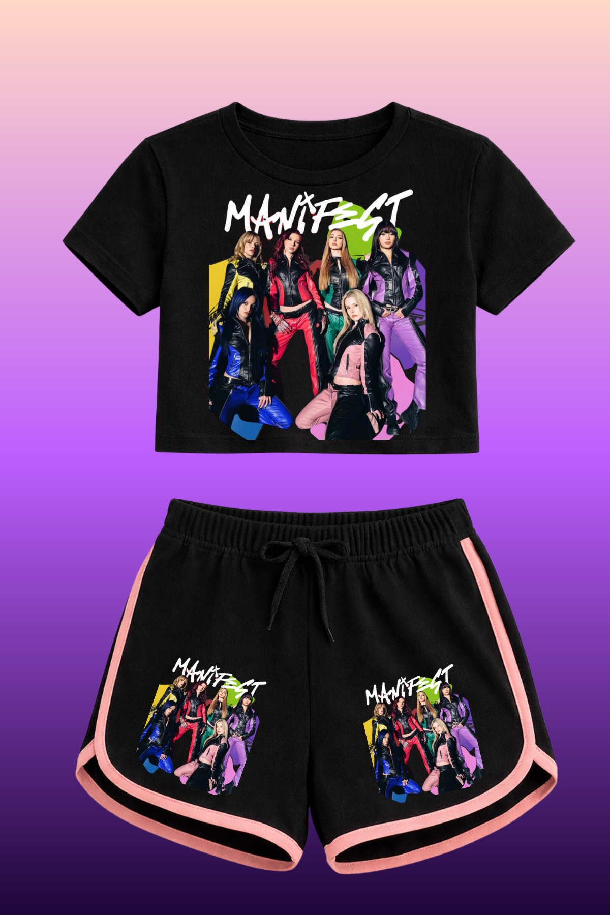 Manifest 2 Baskılı Siyah Crop Siyah Şort Takım