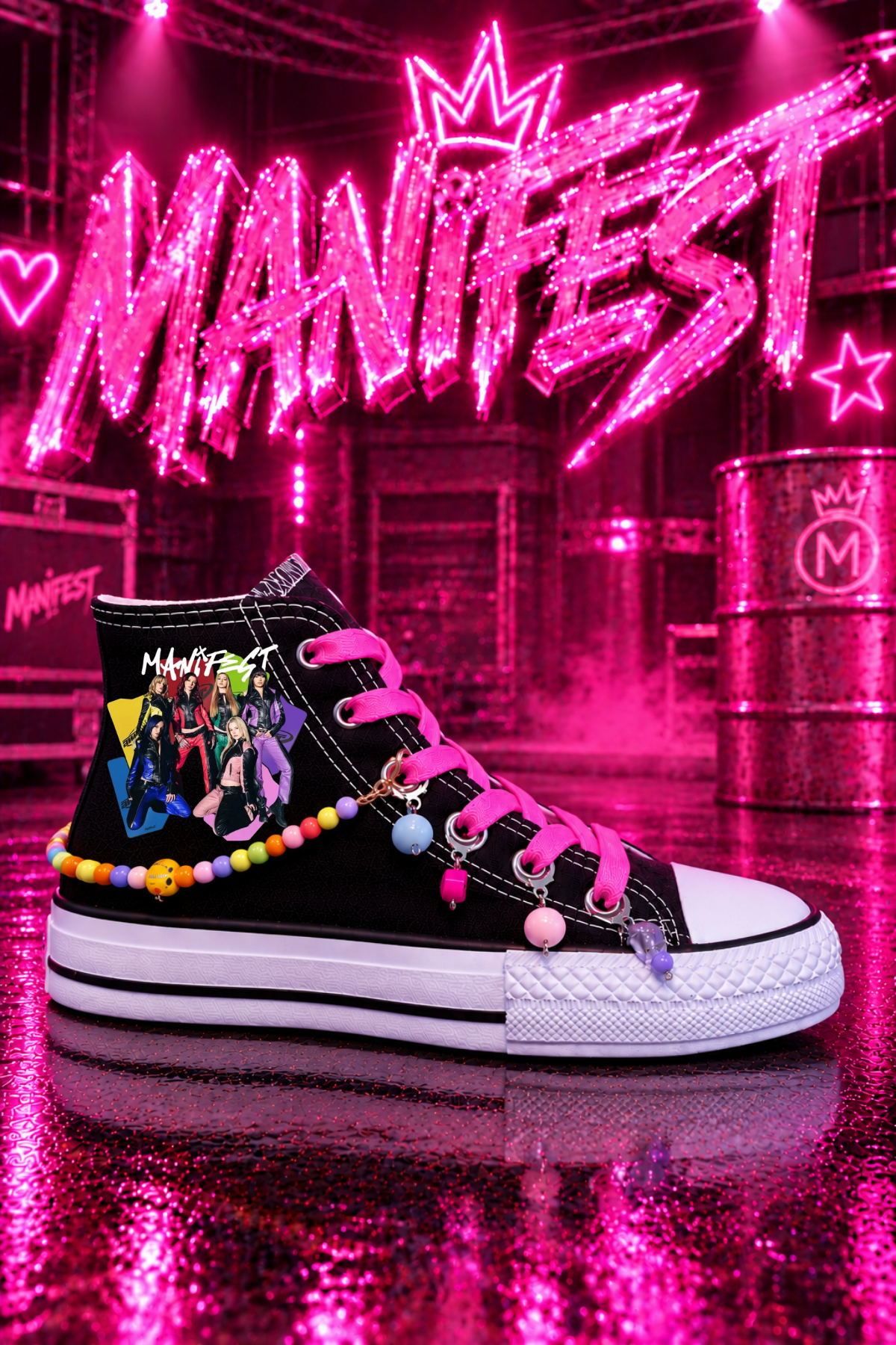 Manifest AMTR Baskılı Siyah Boncuk ve Halhallı Spor Ayakkabı Sneaker 