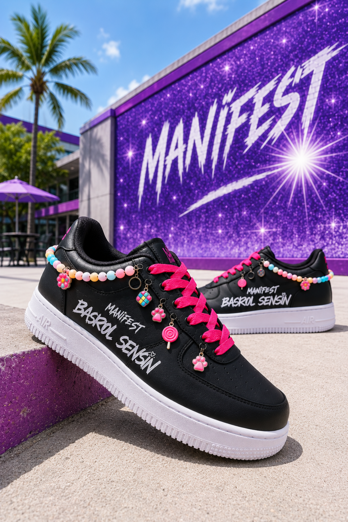 Manifest Başrol Sensin Baskılı Siyah Boncuk Ve Halhallı Spor Ayakkabı Sneaker 
