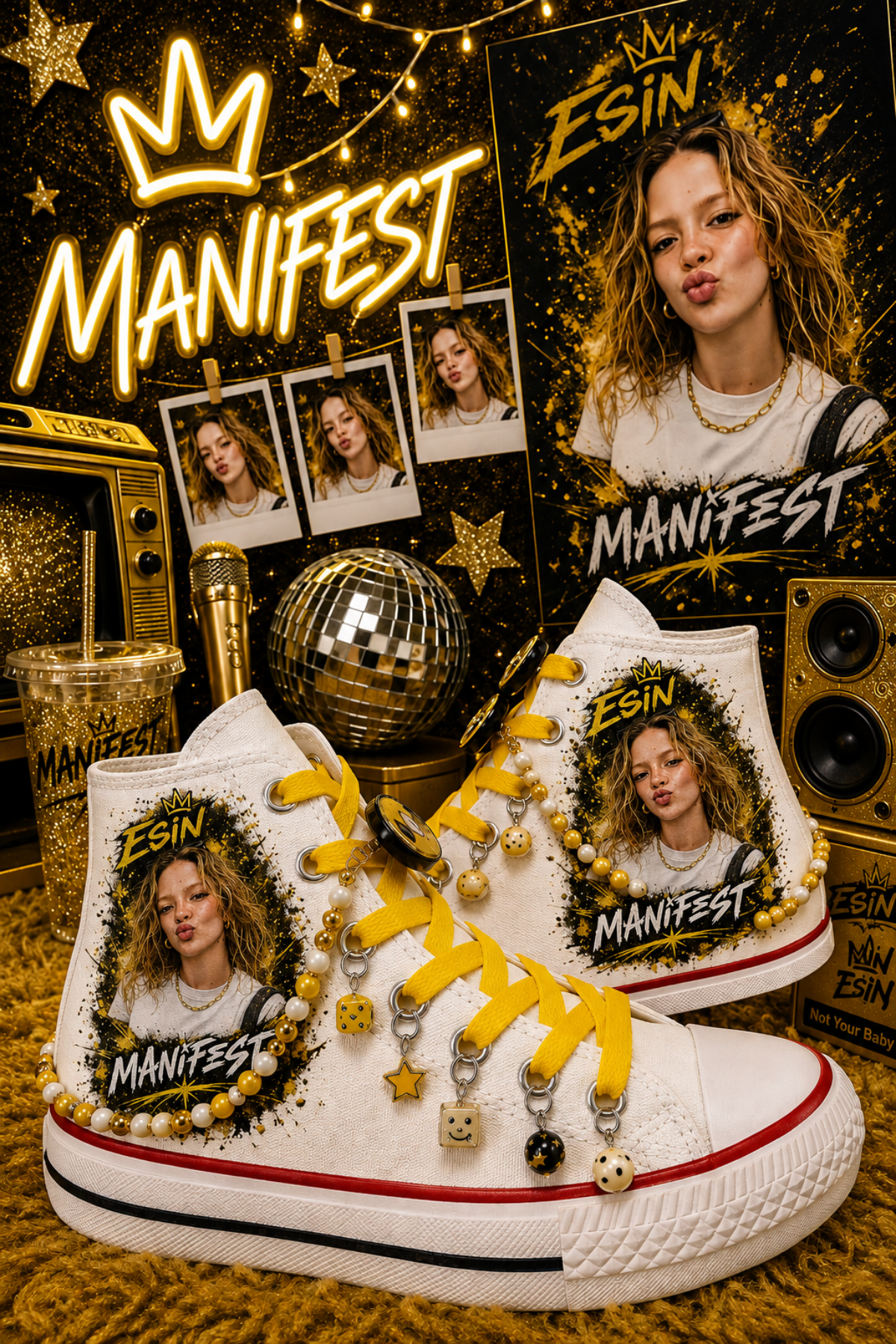 Manifest Esin Baskılı Beyaz Bilekli Boncuk Ve Halhallı Spor Ayakkabı Sneaker 
