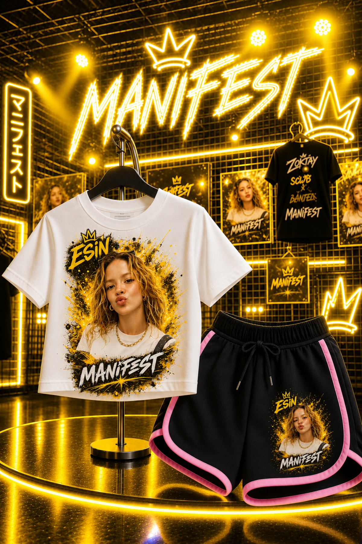 Manifest Esin Baskılı Beyaz Crop Siyah Şort Takım
