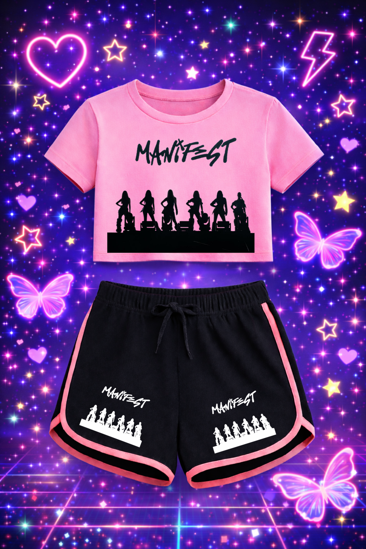 Manifest Gölge Baskılı Pembe Crop Siyah Şort Takım
