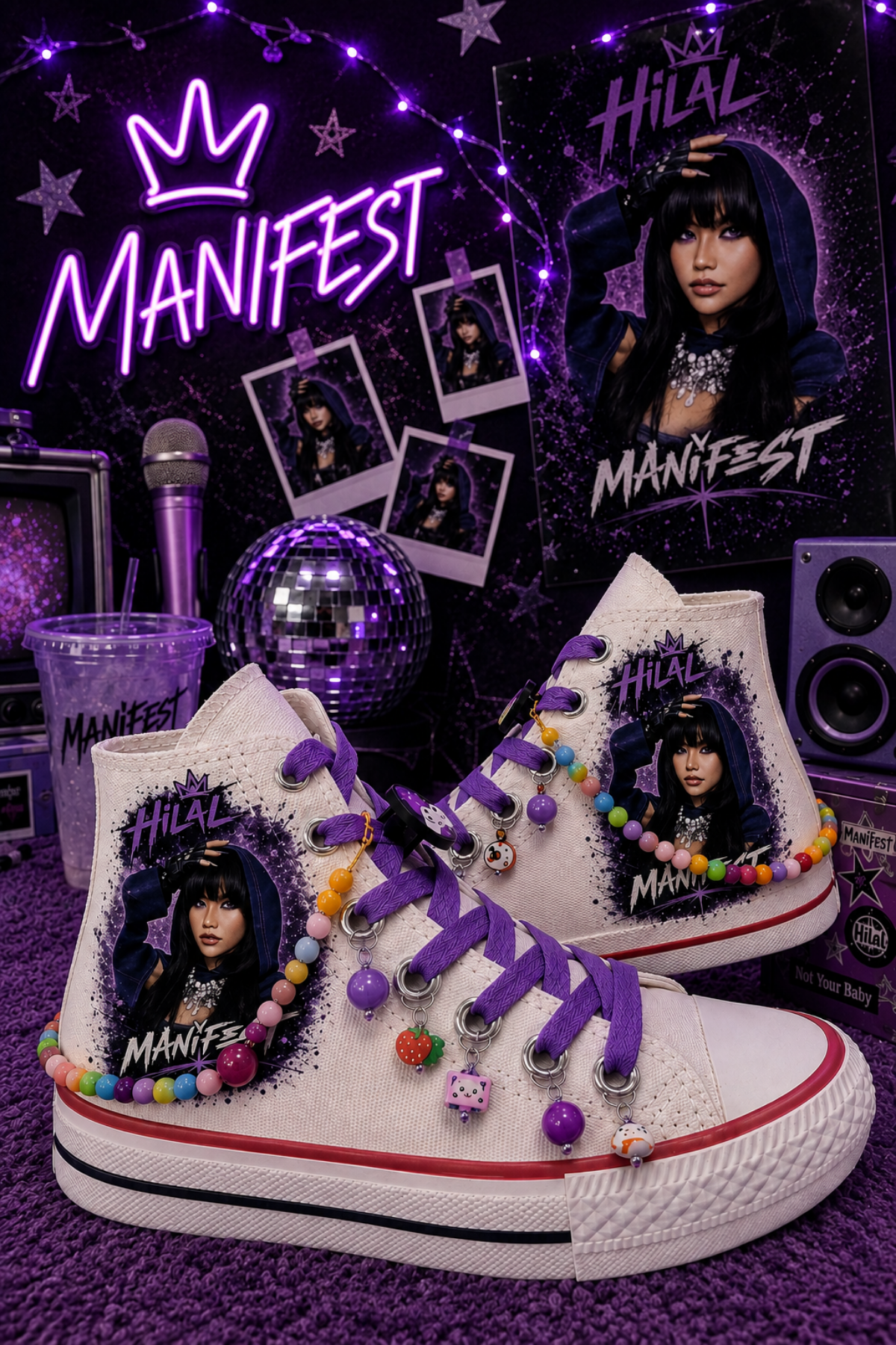 Manifest Hilal Baskılı Beyaz Bilekli Boncuk Ve Halhallı Spor Ayakkabı Sneaker 