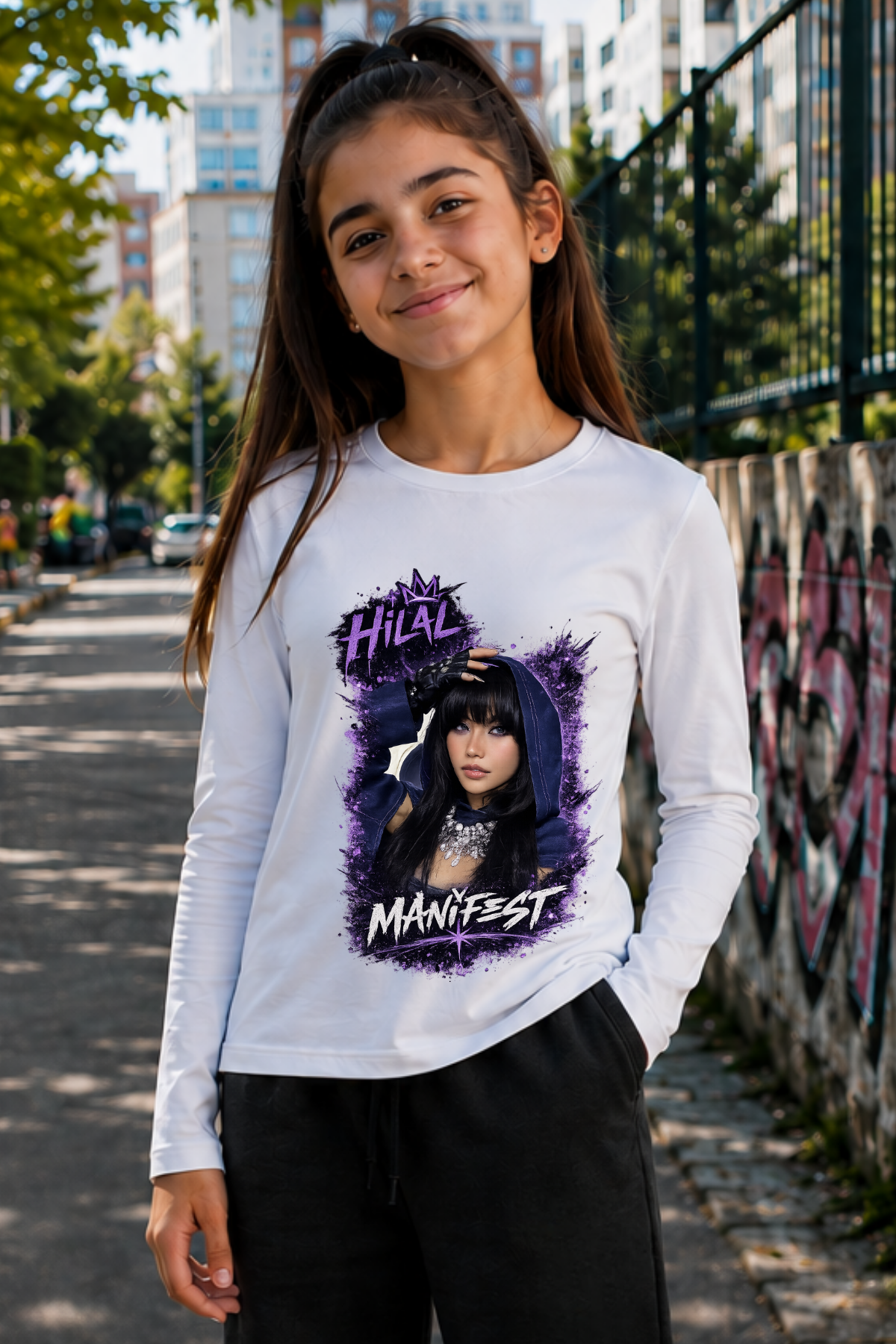 Manifest Hilal Baskılı Beyaz Dar Kalıp Body Uzun Kollu Tişört